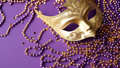 Purple mask, gold glitter, Mardi Gras celebration generated by AI