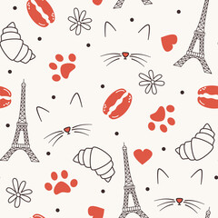 Cute hand drawn seamless vector pattern background illustration with cat, paw print, eiffel tower, red hearts, macarons, red hearts and other parisian elements and symbols