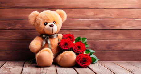 Teddy bear plush with a bouquet of red roses on a wooden background in a rustic style. Greeting card for Valentine's Day, Mother's Day, Birthday