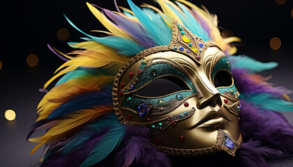 Colorful feathers adorn the elegant masquerade costume generated by AI