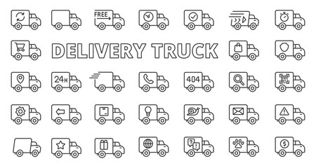 Delivery Truck icons in line design. Logistics, shipping, fast, cargo, ship, van isolated on white background vector. Delivery Truck editable stroke icon.