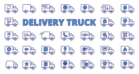Delivery Truck icons in line design blue. Logistics, shipping, fast, cargo, ship, van isolated on white background vector. Delivery Truck editable stroke icon.