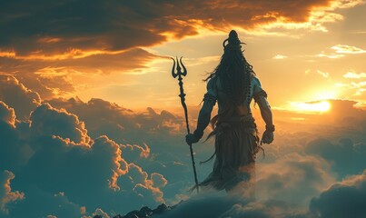 Giant lord shiva, true form and attire,walking out of clouds in the sky - obrazy, fototapety, plakaty