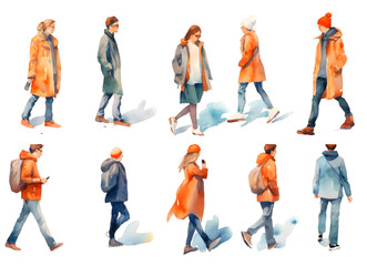 Obraz premium Group of people silhouettes walking watercolor set isolated on transparent background 