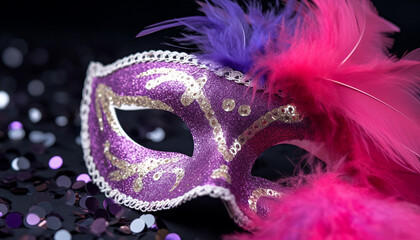 Mardi Gras celebration, mask, costume, elegance, glitter, gold, tradition generated by AI
