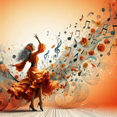 Image for use in illustrations, background, post, advertisements, general use, woman dancing with musical notes Generative Ai