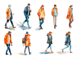 Obraz premium Group of people silhouettes walking watercolor set isolated on transparent background 