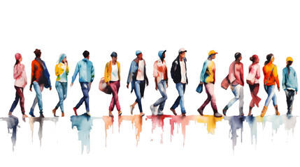 Obraz premium Group of people silhouettes walking watercolor set isolated on transparent background 