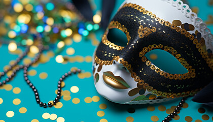 Elegant gold mask shines at Mardi Gras celebration generated by AI