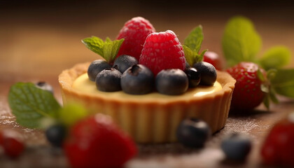 Fresh berry dessert on wooden table, a sweet summer indulgence generated by AI