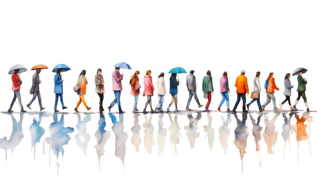 Group of people silhouettes walking watercolor set isolated on transparent background	

