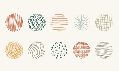 A set of round abstract colorful backgrounds or patterns. Drawn doodle shapes. Spots, globs, gumdrops, curves, lines. Modern contemporary  vector illustration. Posters, social media icon templates