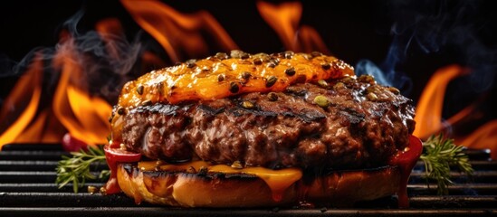 Flame-grilled hamburger on a pan.