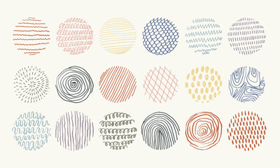 A set of round abstract colorful backgrounds or patterns. Drawn doodle shapes. Spots, globs, gumdrops, curves, lines. Modern contemporary  vector illustration. Posters, social media icon templates