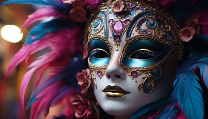 Masked beauty in ornate costume captivates with elegance generated by AI