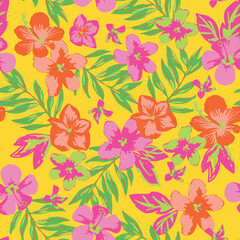 Fototapeta na wymiar Hawaiian hibiscus seamless floral print in vector. For girls teens kids swimwear and surf. Palm leaves flowers. Spring and summer fashion
