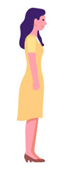 Woman side view. Cartoon female character in yellow dress