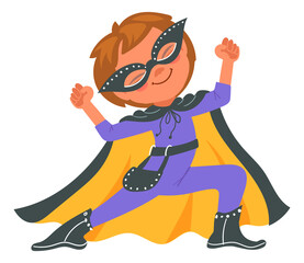 Happy boy in superhero party costume. Funny kid