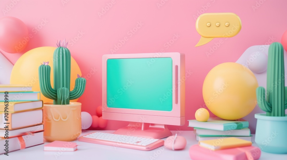 Poster A desktop computer sitting on top of a desk. Perfect for technology and office-related projects