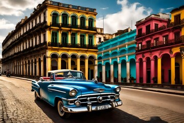 Iconic vintage cars cruising along streets lined with picturesque colonial buildings, each fa? section ade painted in vibrant hues, capturing the timeless charm of Havana.