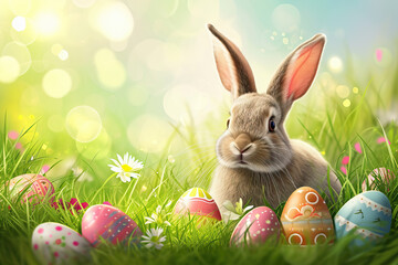 Fototapeta na wymiar Rabbit Sitting in Grass With Easter Eggs