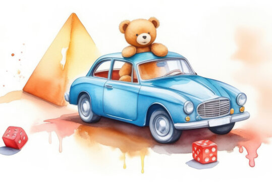 Teddy bear in blue car with cubes and stacking toy; watercolor hand drawn illustration; with white isolated background