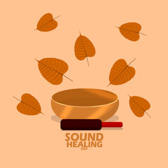 World Sound Healing Day event banner. A singing bowl with a paddle and falling Bodhi leaves, with bold text on light brown background to celebrate on February 14