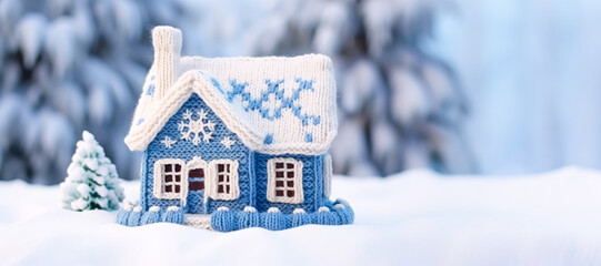 Miniature knitted woolen house model in snowy winter weather. Well-heated and comfortable home increasing costs and consumption of electricity and energy