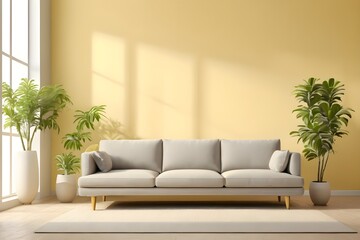 Fototapeta premium Minimalistic modern interior design with grey sofa with pillows and creamy yellow clear wall with plants