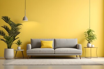 Minimalistic modern interior design with grey sofa with pillow and bright yellow clear wall with plants