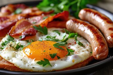 A delicious plate of breakfast consisting of eggs, sausages, and bread. Perfect for a hearty morning meal