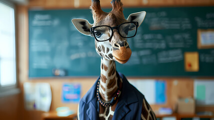 A giraffe as a school teacher wearing human clothes and glasses standing in a classroom - obrazy, fototapety, plakaty