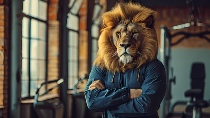 A lion as a fitness instructor wearing human athletic clothes and standing in a gym preparing to train a client - obrazy, fototapety, plakaty