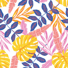 Fototapeta na wymiar summer tropical Hawaiian leaf seamless vector print and pattern. For swimwear fashion stationary girls, teens and ladies. Bright fun colours in pink, yellow and blue. White background. 