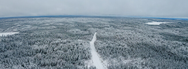 A panoramic aerial view of a snow covered evergreen forest with a snowy road cutting through the trees. A few small lakes are covered with snow. The sky is flat and gray.
