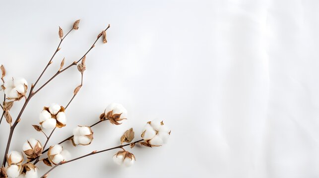 Single cotton branch on light background top view. Minimal flat lay composition from delicate cotton flowers for design with blank space. .