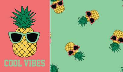 Cool pineapple with sunglasses and slogan. Summer graphic with seamless pattern. for boys kids and teen fashion, swimwear and t shirt. 