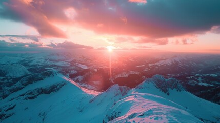 Sun setting over a picturesque snowy mountain range. Perfect for winter landscapes or nature-themed...