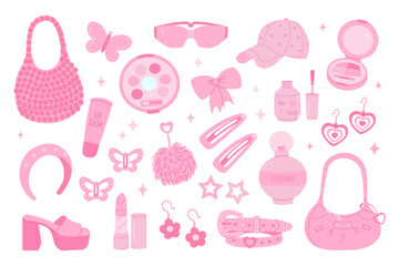 Lamas personalizadas con tu foto barbiecore set of items, pink glamorous accessories, cosmetics, 90s, 2000s teen girl style, nostalgia, butterfly, heart shape, trendy vector illustration