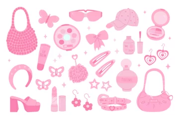 Fotobehang barbiecore set of items, pink glamorous accessories, cosmetics, 90s, 2000s teen girl style, nostalgia, butterfly, heart shape, trendy vector illustration © a_nordia