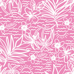 Summer hibiscus palm trees and leaf seamless vector print for swimwear fashion stationary girls ladies and teens. Bright fun cute colours. Pink and pretty cute colours. Tropical and Hawaii style.