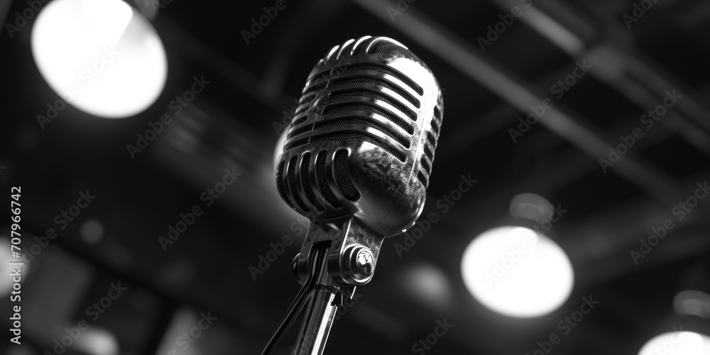Poster a black and white photo of a microphone. suitable for music-related projects