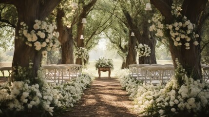 Wedding ceremony outdoor. A beautiful and stylish wedding arch, decorated by various fresh white flowers abd trees, standing in the garden. wedding party. Generative AI
