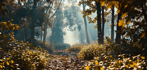 A wide view of an enchanting forest glade with sunlight streaming through leaves,