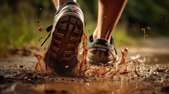 A man running on the mountain with a close up of sports shoes. shoes treading mountain paths. shoes through mud puddles. Generative AI