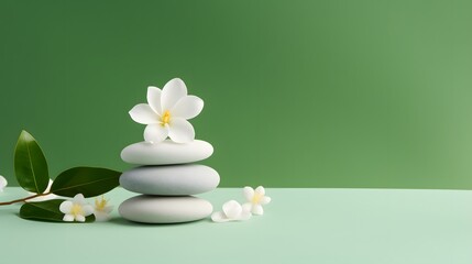 Obraz na płótnie Canvas White stones stack and flowers on green background. Card for meditation, spa concept. Top view and flat lay.
