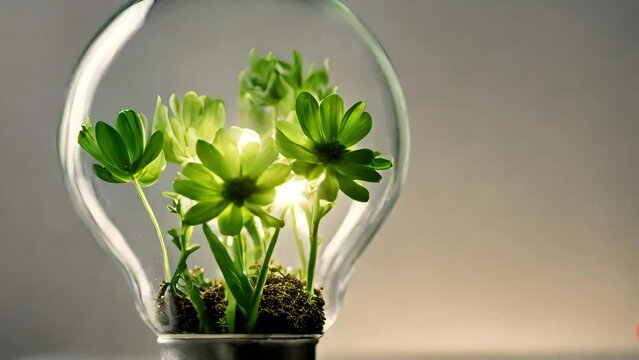 A green plant sprouts in a glass bulb. illustration of green energy and the fight against global warming. Generative AI