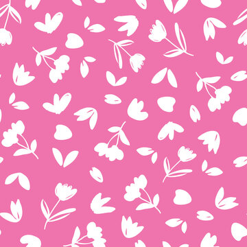seamless ditsy floral pattern. vector repeat pattern. fun bright colours. small blooming flowers with leaves. scattered flowers white background. cute pretty and girly for girls teens and ladies