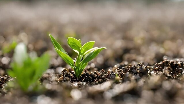 A young little green plant breaks through the ground. The first seconds of new life. Generative AI