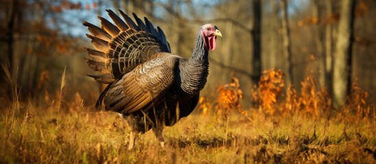 Wild turkey strutting in field. - obrazy, fototapety, plakaty